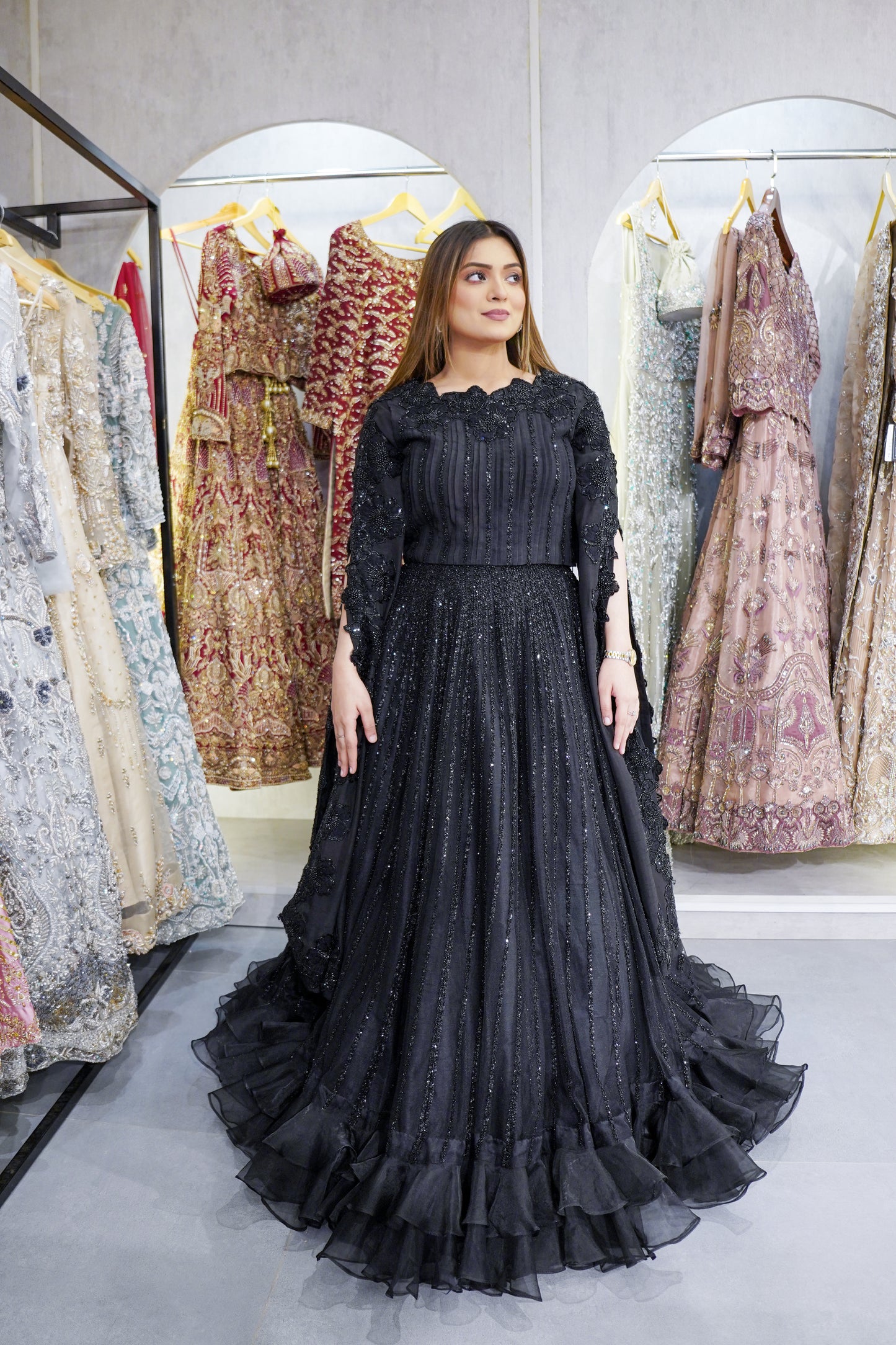 Black Korean Raw Silk Lehnga Blouse with Cape (bl-L0801)