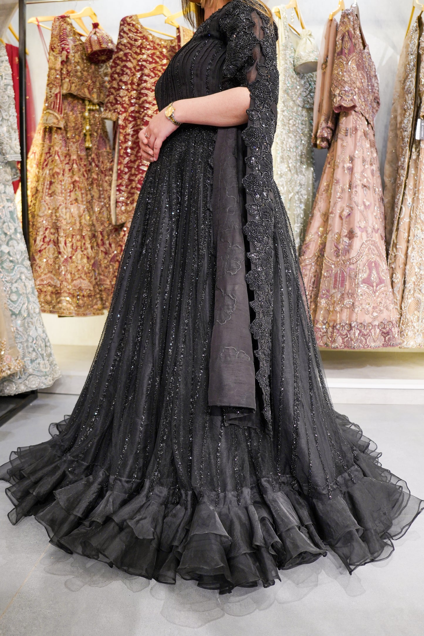 Black Korean Raw Silk Lehnga Blouse with Cape (bl-L0801)