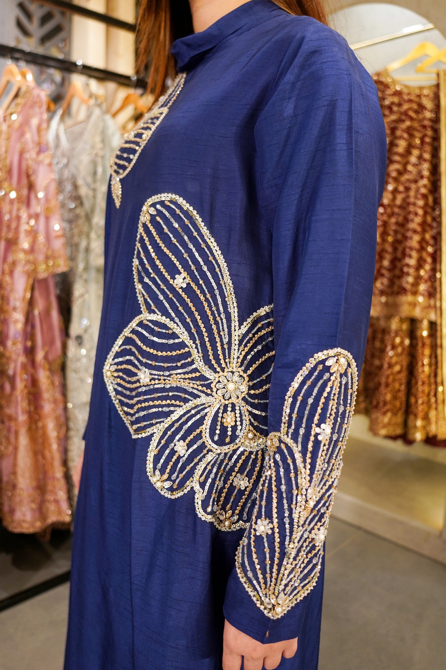 Deep Ink Blue Korean Raw Silk Kaftan with Trousers (blu-0802)