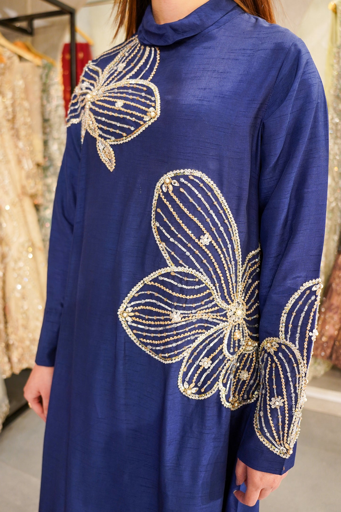 Deep Ink Blue Korean Raw Silk Kaftan with Trousers (blu-0802)