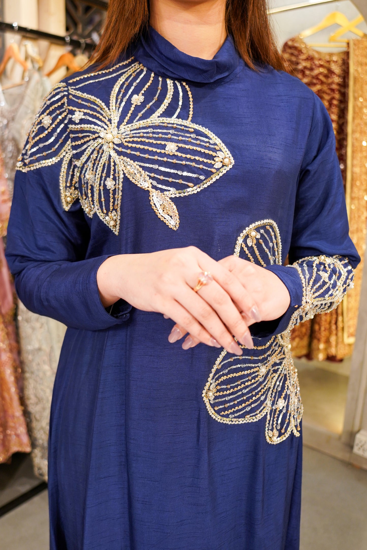 Deep Ink Blue Korean Raw Silk Kaftan with Trousers (blu-0802)