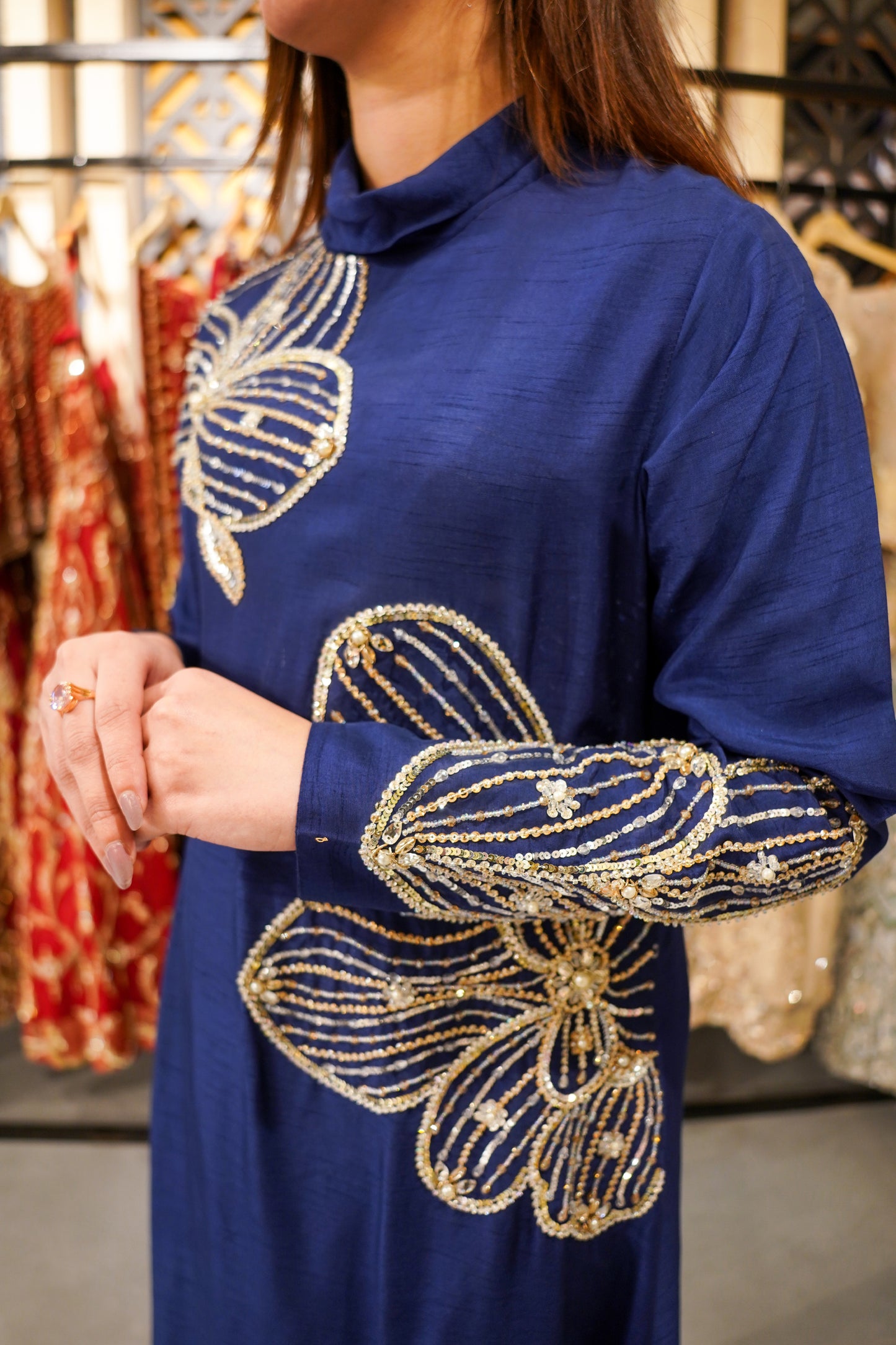 Deep Ink Blue Korean Raw Silk Kaftan with Trousers (blu-0802)