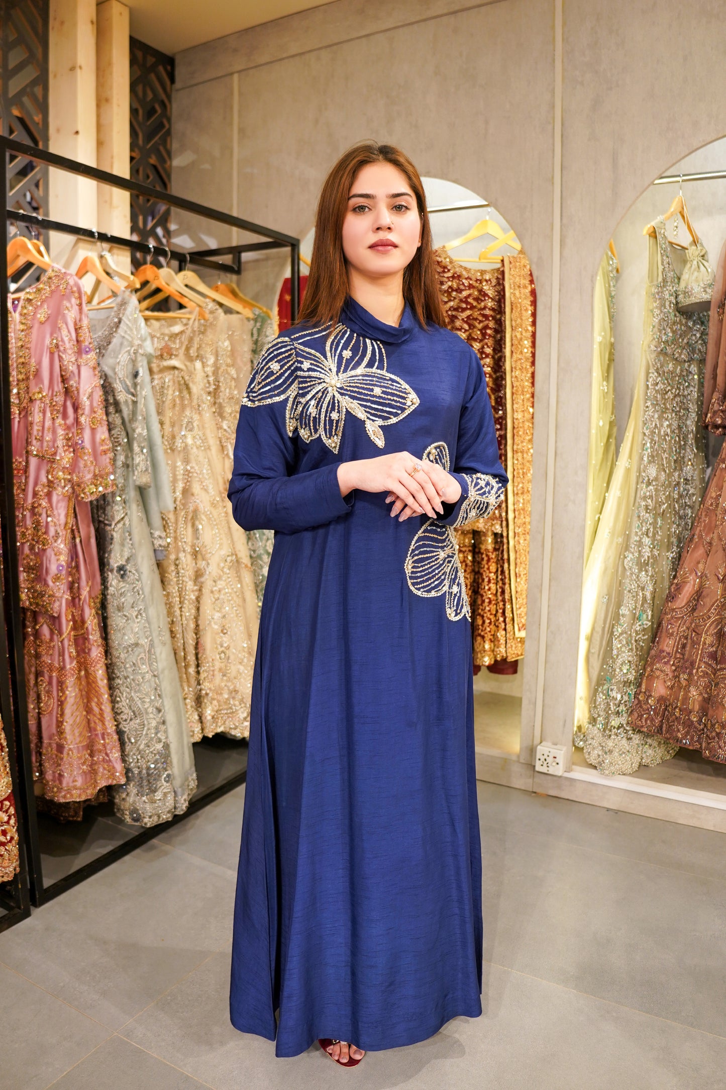 Deep Ink Blue Korean Raw Silk Kaftan with Trousers (blu-0802)
