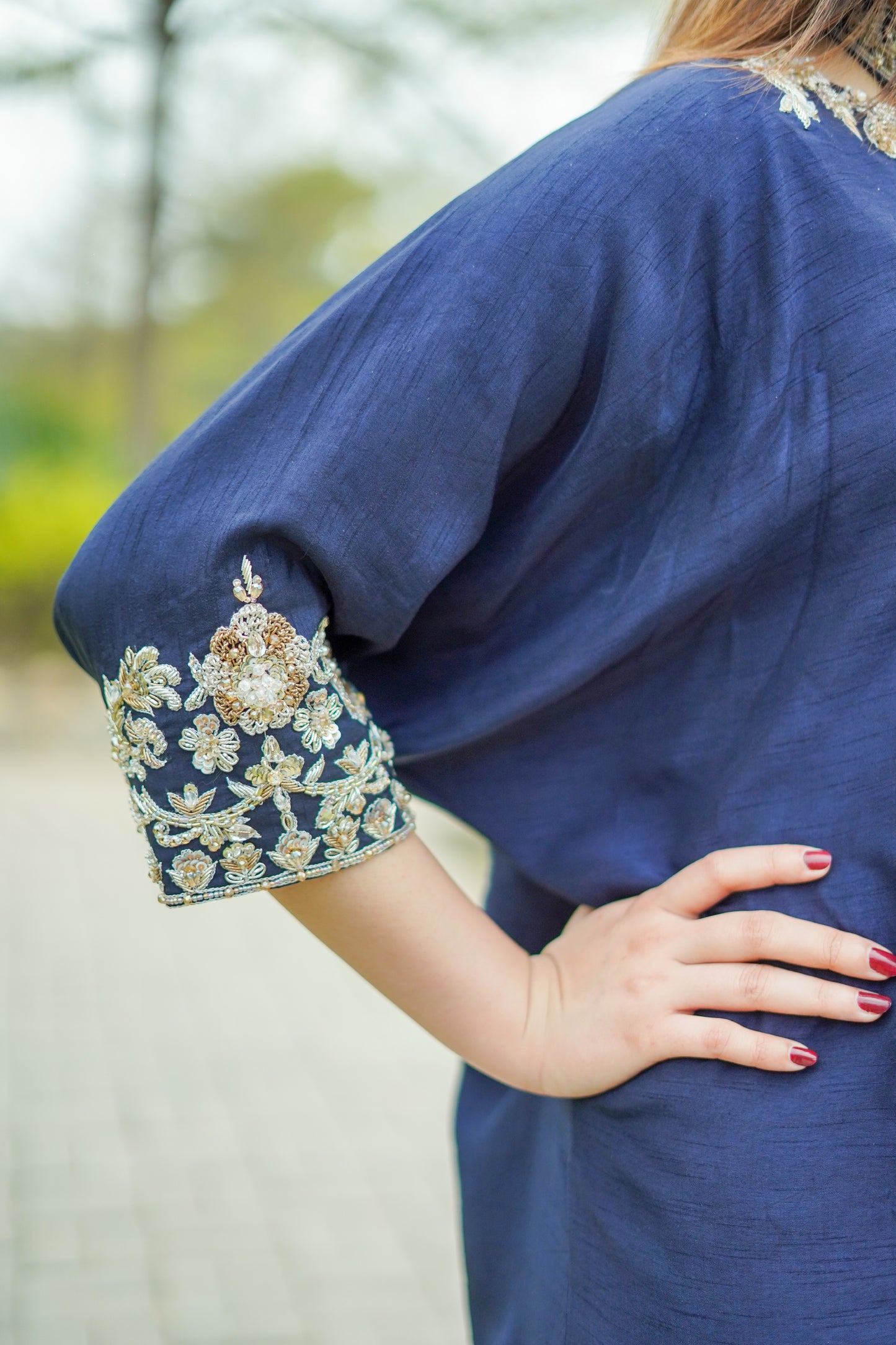 Navy Blue Raw Silk Kaftan with Trousers (nvykaftan-0804)