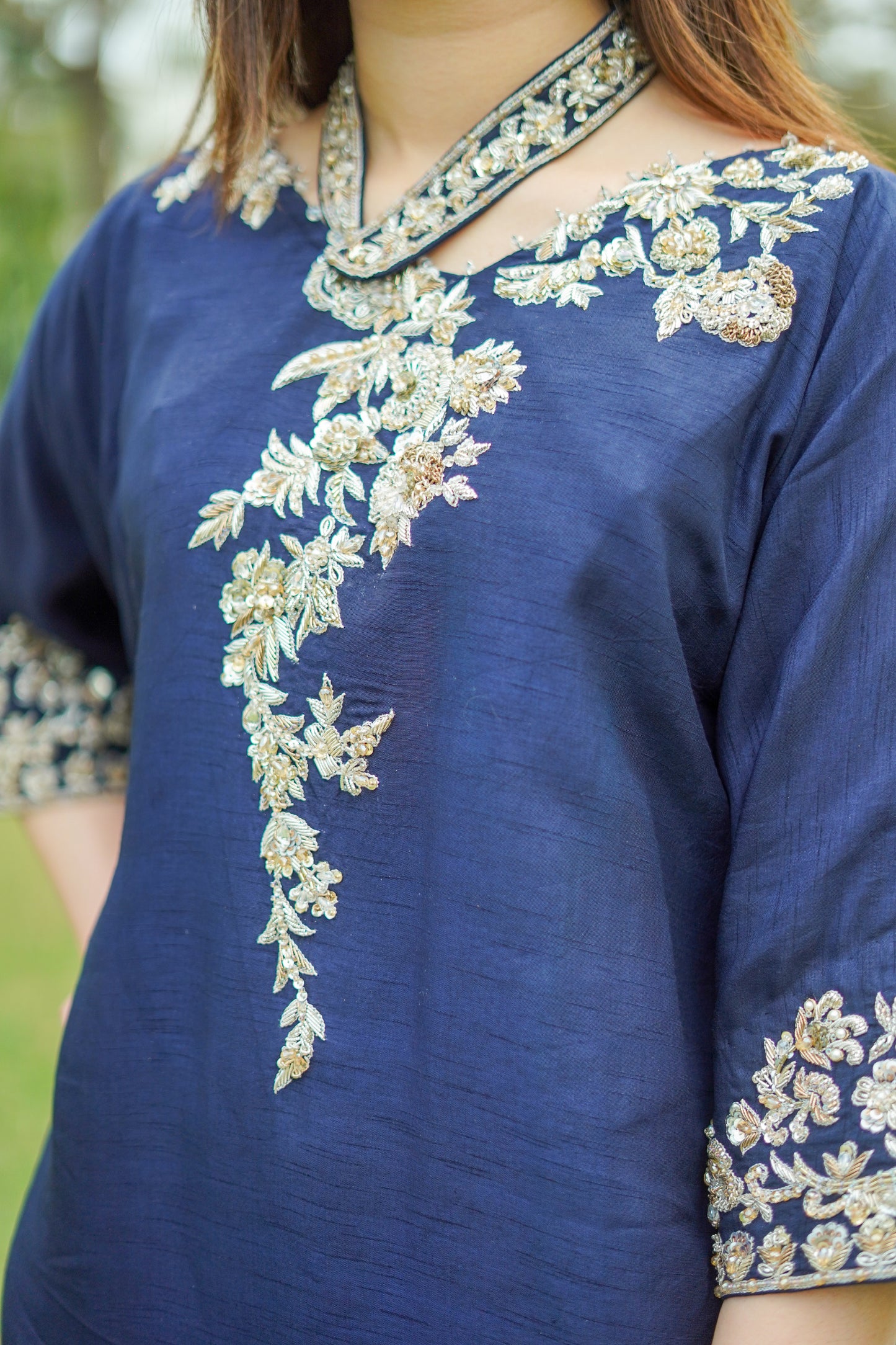 Navy Blue Raw Silk Kaftan with Trousers (nvykaftan-0804)