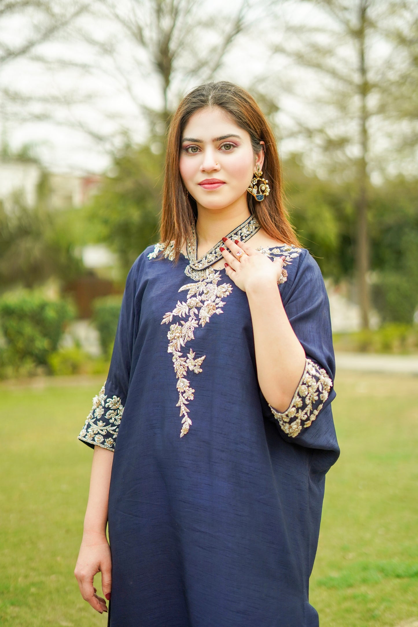 Navy Blue Raw Silk Kaftan with Trousers (nvykaftan-0804)