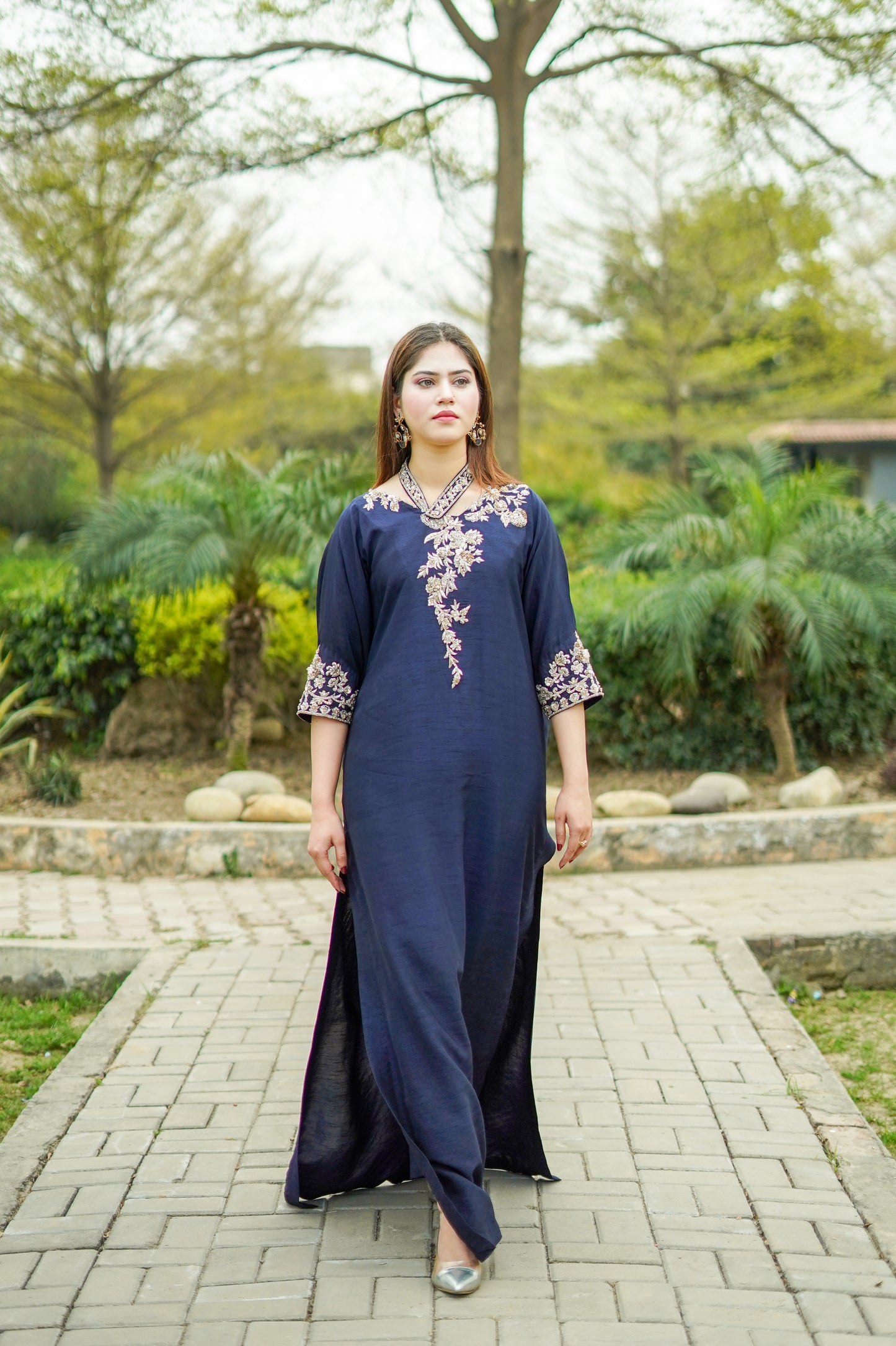 Navy Blue Raw Silk Kaftan with Trousers (nvykaftan-0804)