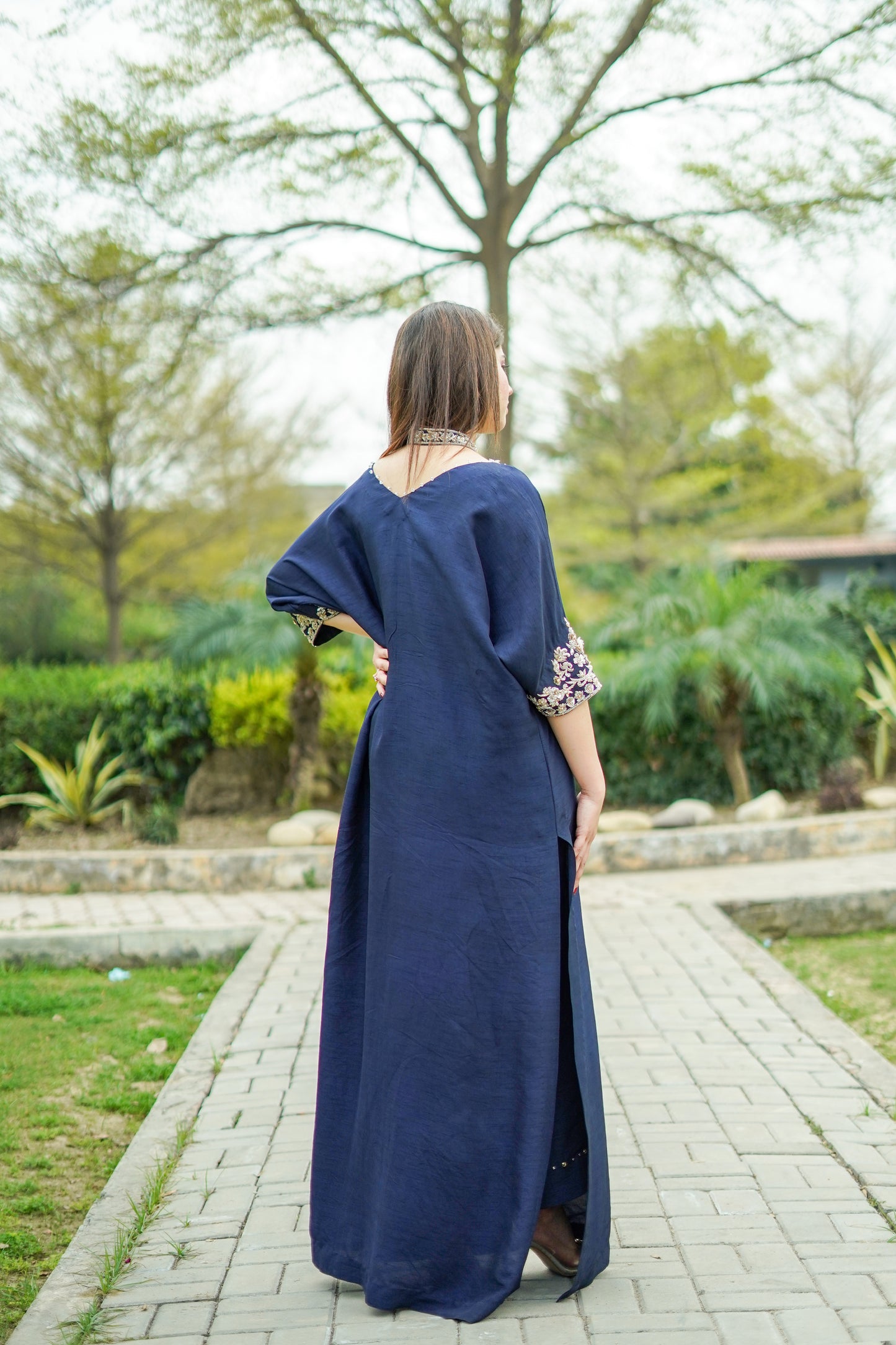 Navy Blue Raw Silk Kaftan with Trousers (nvykaftan-0804)