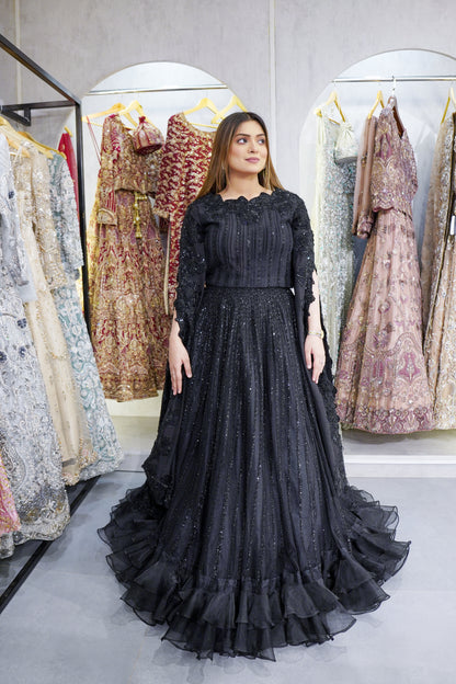 Black Korean Raw Silk Lehnga Blouse with Cape (bl-L0801)