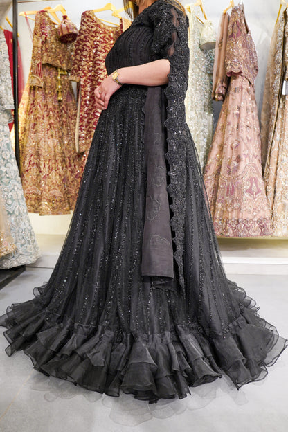 Black Korean Raw Silk Lehnga Blouse with Cape (bl-L0801)