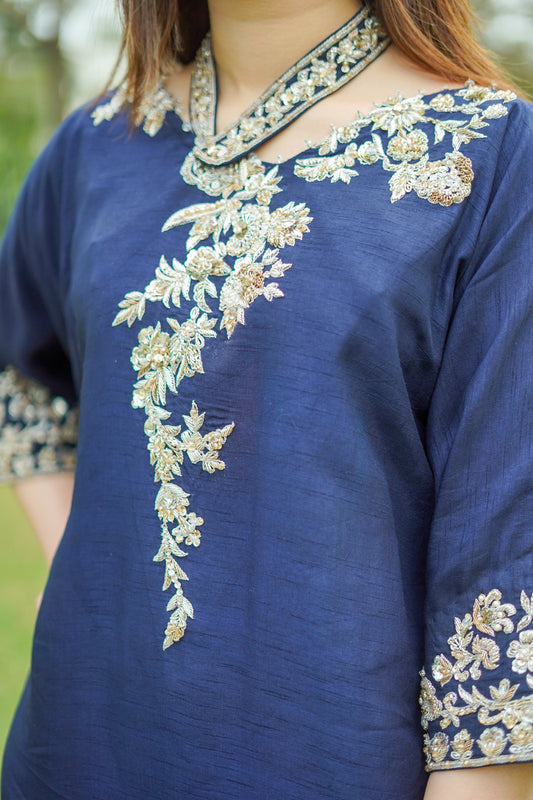 Navy Blue Raw Silk Kaftan with Trousers (nvykaftan-0804)