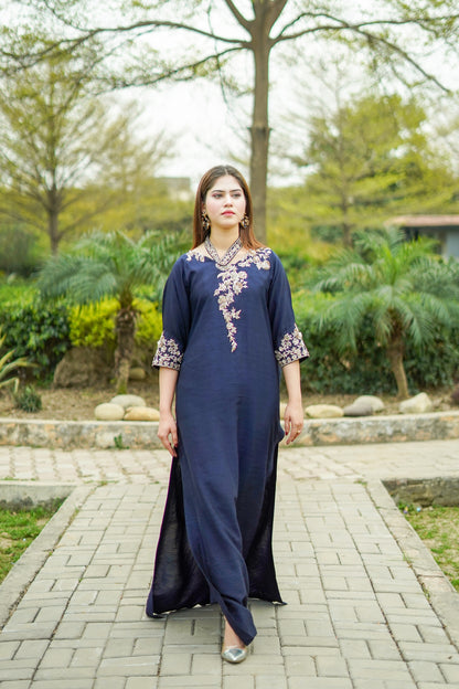 Navy Blue Raw Silk Kaftan with Trousers (nvykaftan-0804)