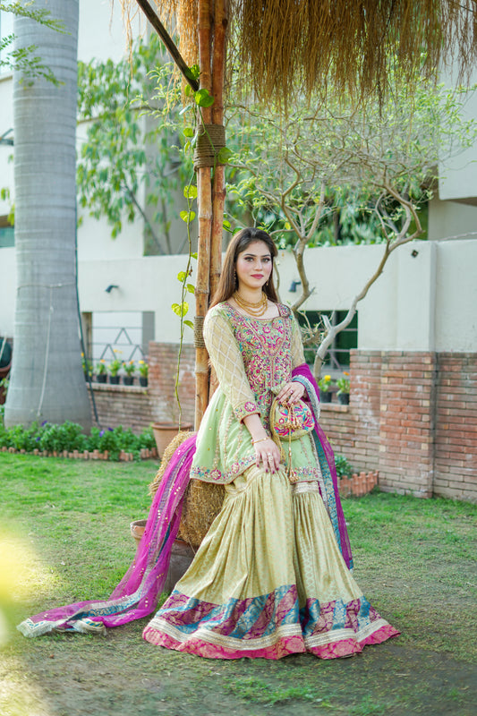 Pista Green Angrakha Frock with Sharara (md-gr0805)