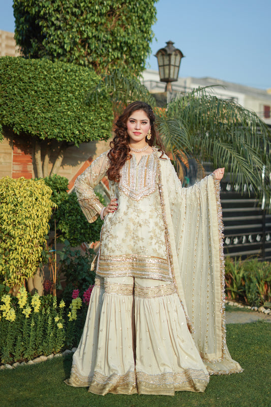 3 Piece Off-White and Gold Organza Shirt with Gharara (nk-wh0806)