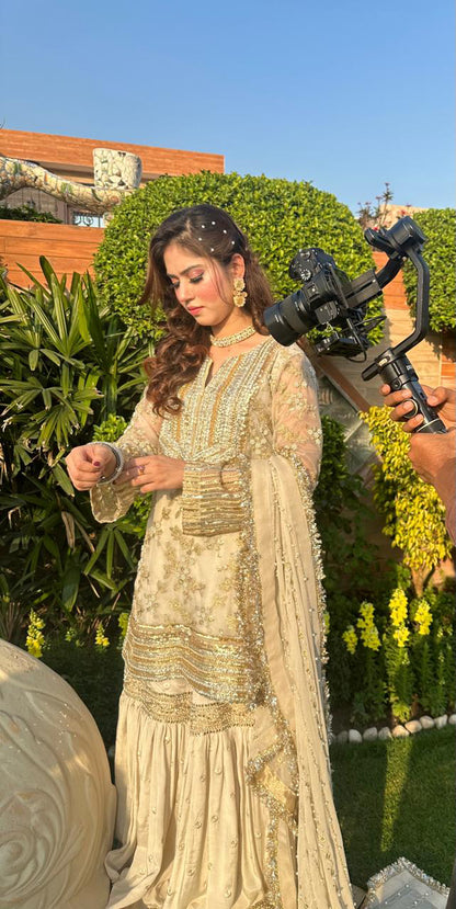 3 Piece Off-White and Gold Organza Shirt with Gharara (nk-wh0806)